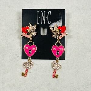 INC Earrings Dangle Heart Key Lock Pink Enamel Rhinestone Dangle Valentines Day